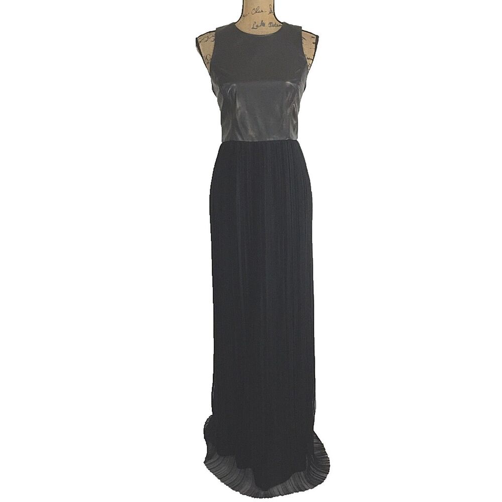 NWT Ann Taylor Evening Gown Size 6 M Black Leather Chiffon Pleat Maxi Dress $398